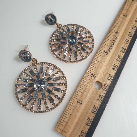 Crystal Sunburst Dangle Earrings Gold Clear Rhinestones Retro Modern Design - Picture 3 of 4